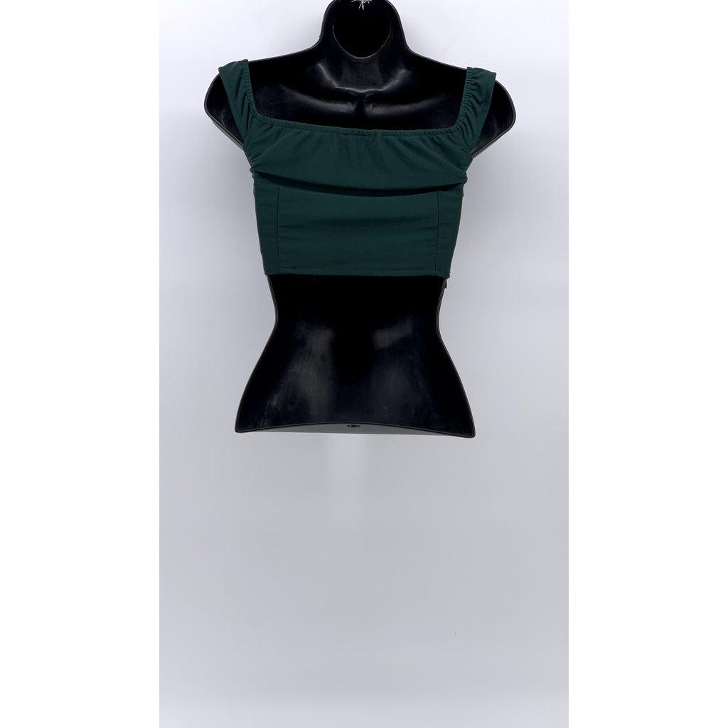 PRETTYLITTLETHING Women's Dark Green Drapey Scoop-Neck Ruffle Corset Top SZ 4