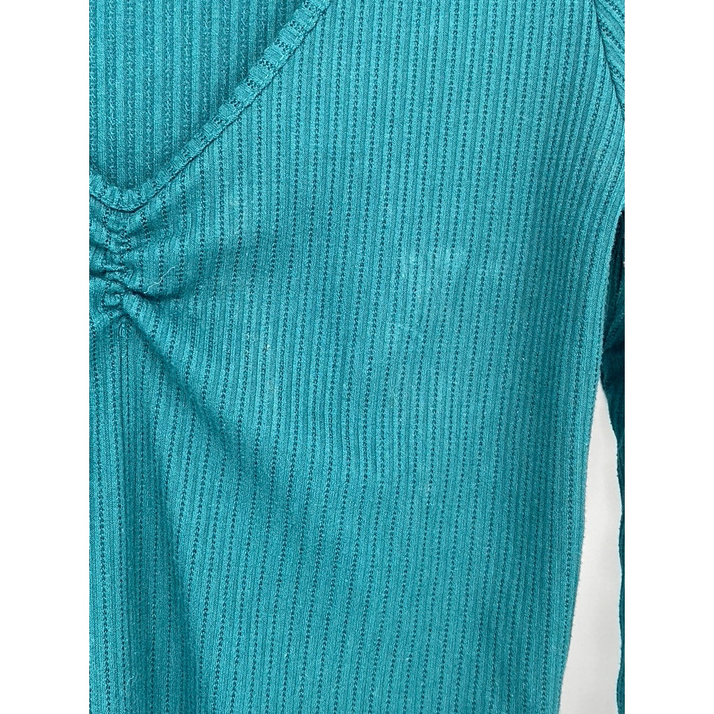FOREVER 21 Women’s Emerald Green V-Neck Ribbed Long Sleeve Top SZ L