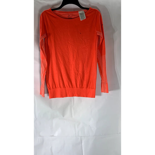 NIKE Women's Neon Orange Boatneck Knit Epic Dri-Fit Long Sleeve Training Top SZS