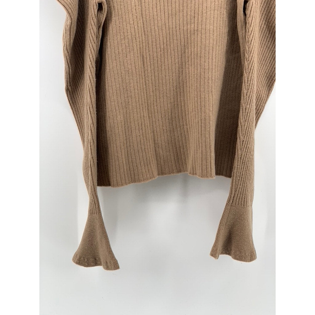HER LIP TO Women's Brown Ribbed Mock-Neck Long Puff Bell Sleeve Sweater Top SZ S