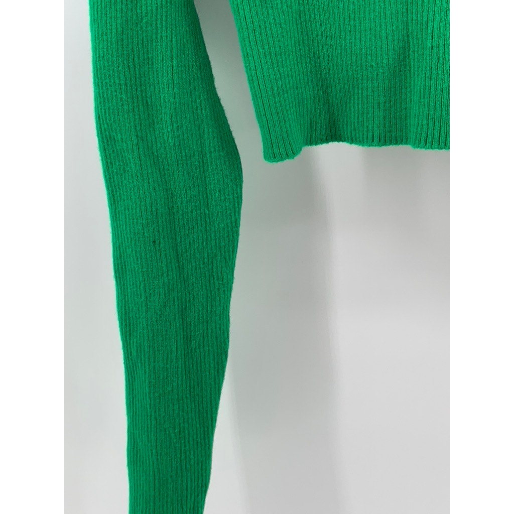 TWIN Women's Dark Green Ribbed Button-Up Long Sleeve Cropped Top SZ M