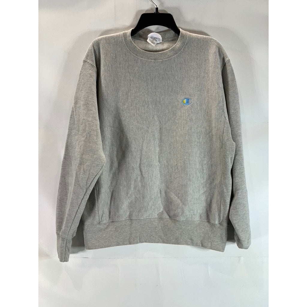 CHAMPION Reverse Weave Men's Gray/Blue Crewneck Large Logo Sweatshirt SZ M