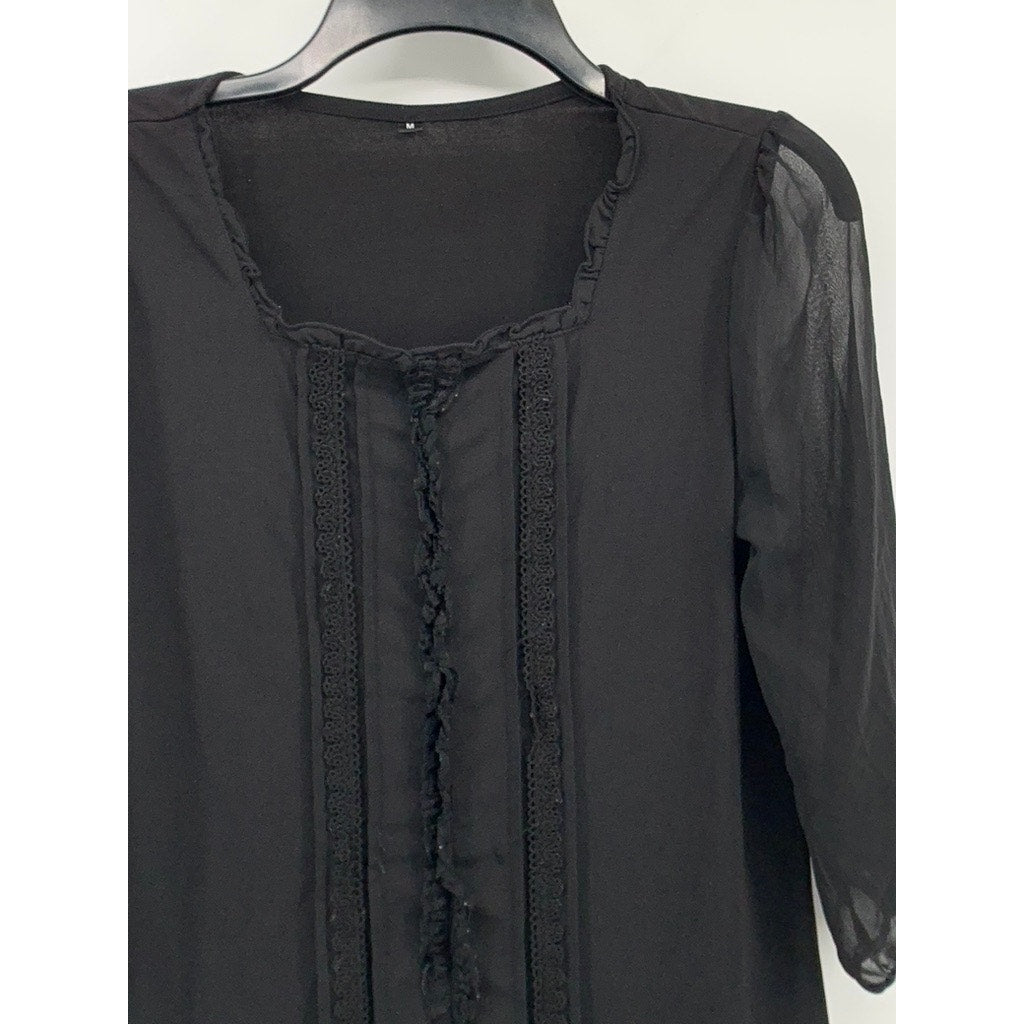 TOPVALU Women's Black Scoop-Neck Lace-Trim Sheer Long Sleeve Top SZ M