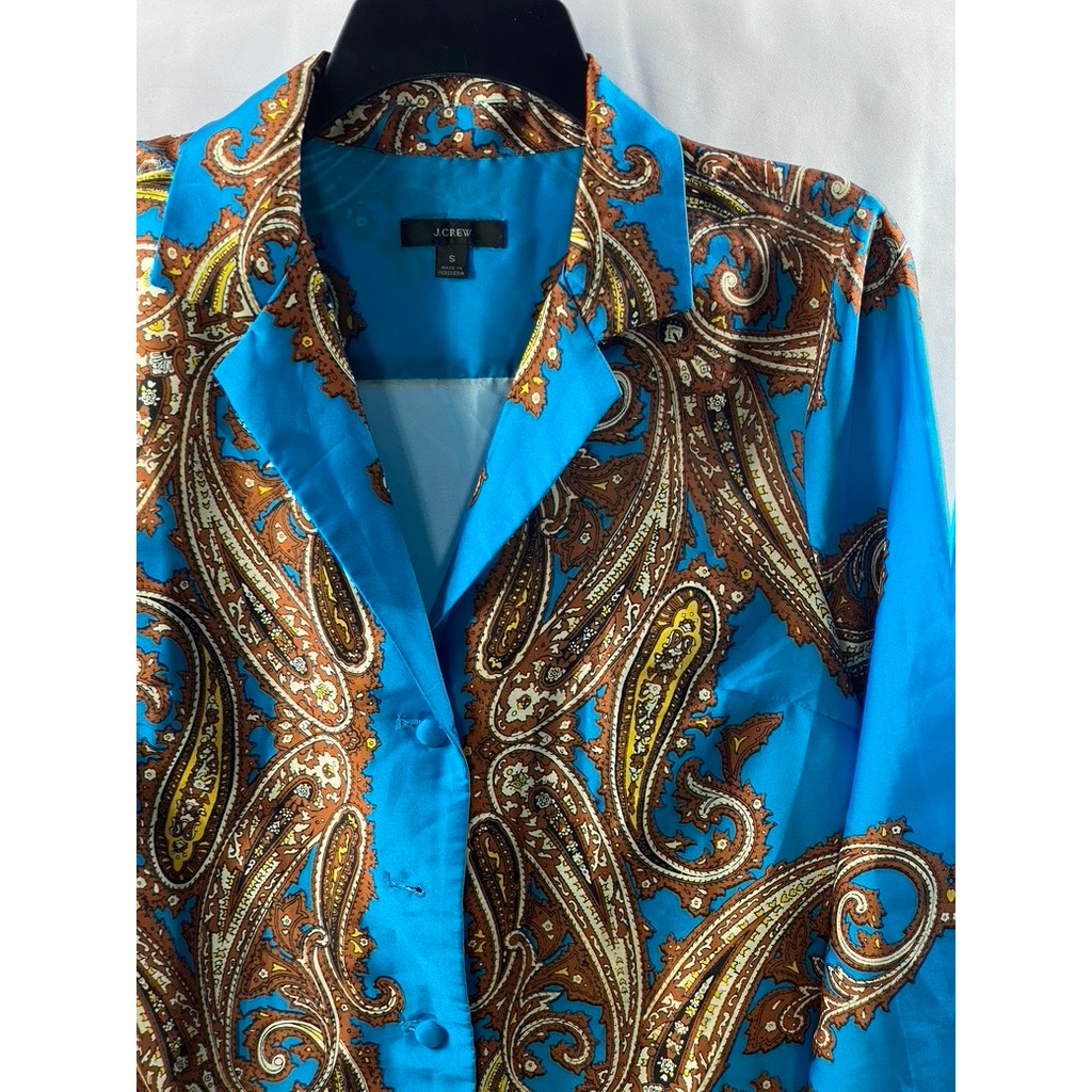 J.CREW Women's Blue-Brown Paisley Print Button-Up Long Sleeve Drapey Top SZ S