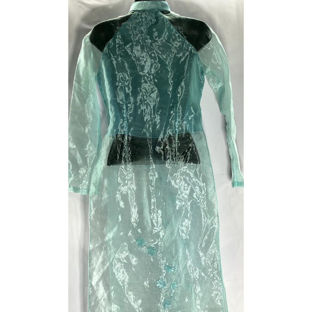 OANH NQA Women's Blue/Green Sheer 3-D Floral Long Sleeve Kurta SZ S