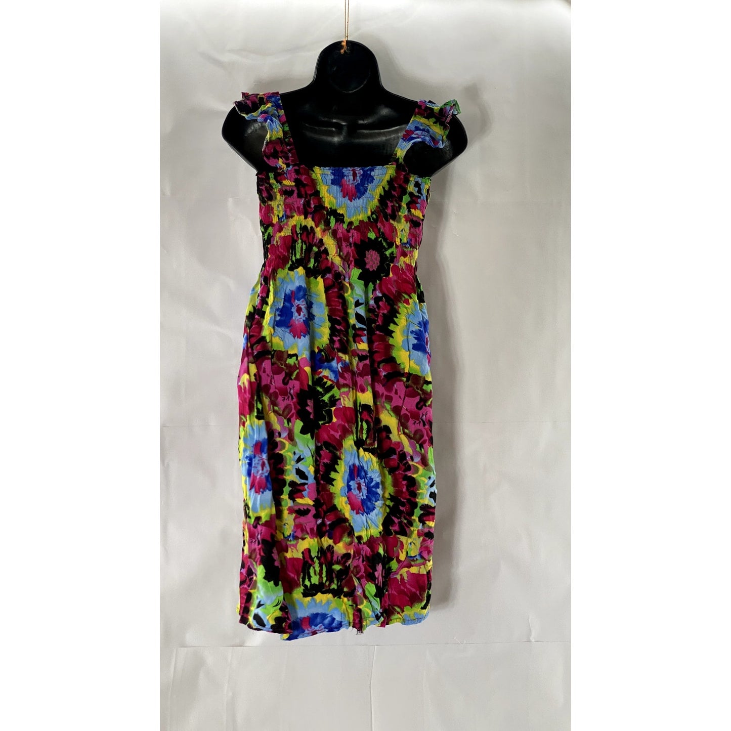 UNBRANDED Women's Multicolor Tie-Dye Print Smocked Ruffle Sleeve Dress SZ S
