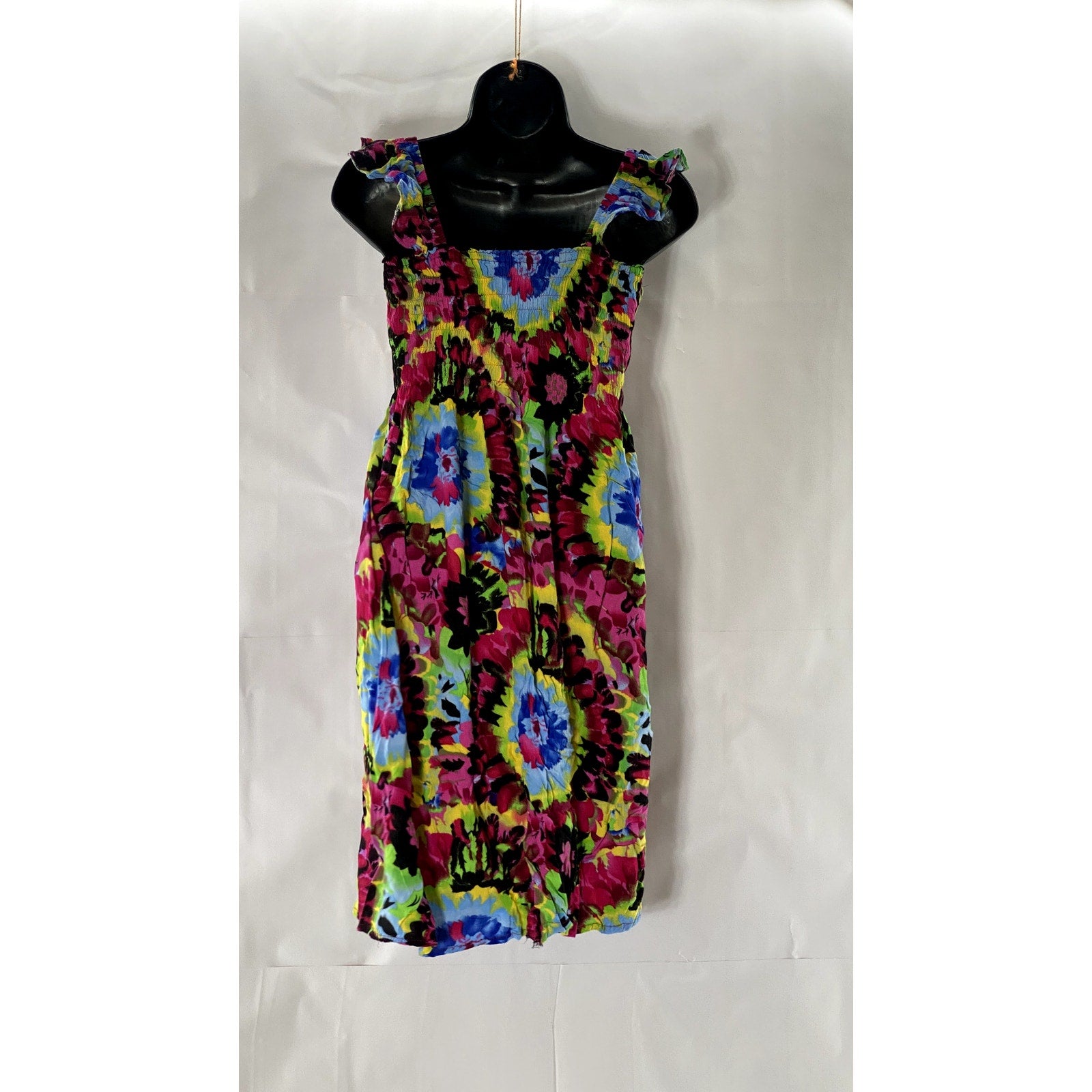 UNBRANDED Women's Multicolor Tie-Dye Print Smocked Ruffle Sleeve Dress SZ S