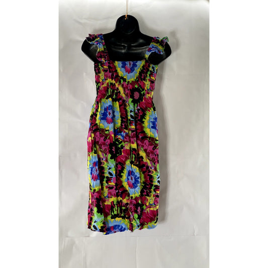 UNBRANDED Women's Multicolor Tie-Dye Print Smocked Ruffle Sleeve Dress SZ S