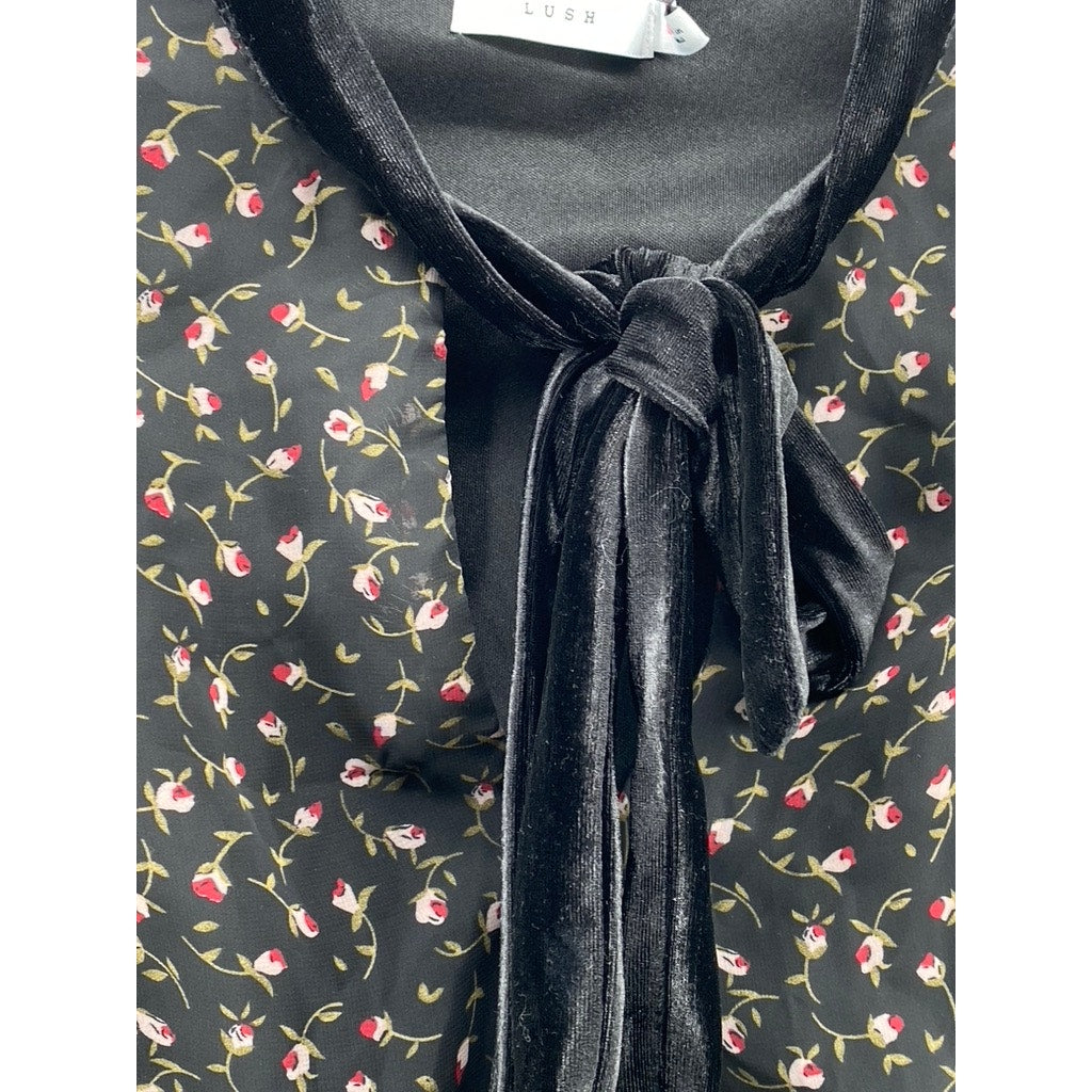 LUSH Women's Black Floral Velvet Tie-Neck Long Sleeve Ruffle Mini Dress SZ S