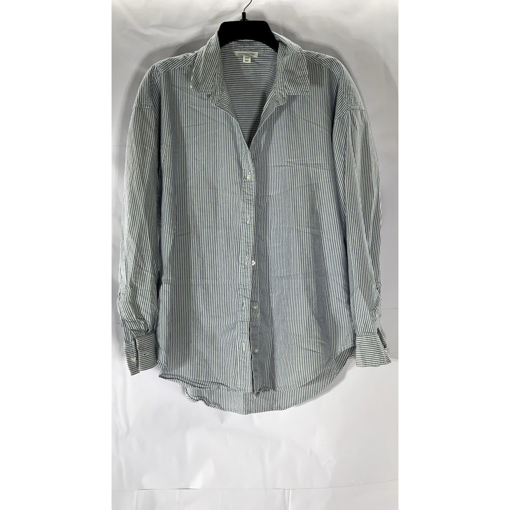 BEACHLUNCHLOUNGE Women's Blue-White Striped Regular-Fit Button-Up Top SZ M