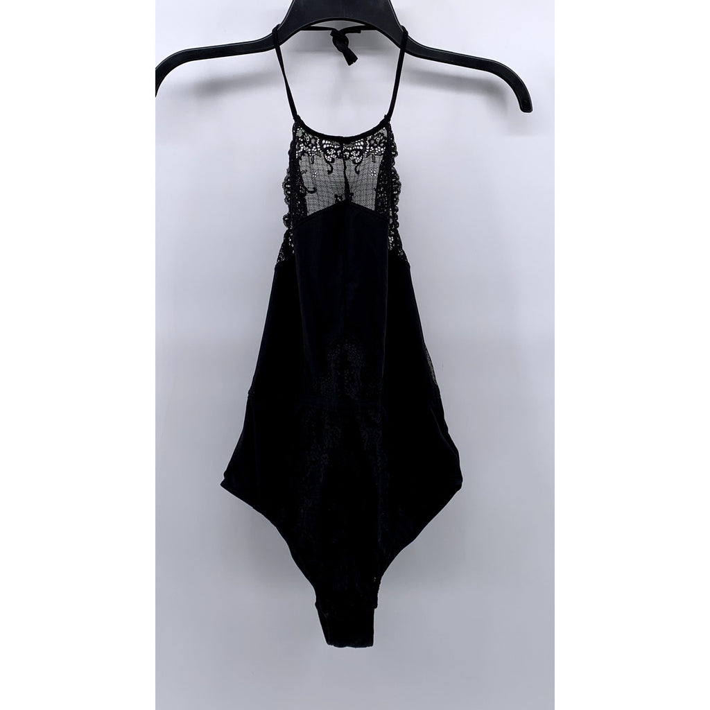 H&M Women's Black Lace-Trim Halter Open-Back Bodysuit SZ 6