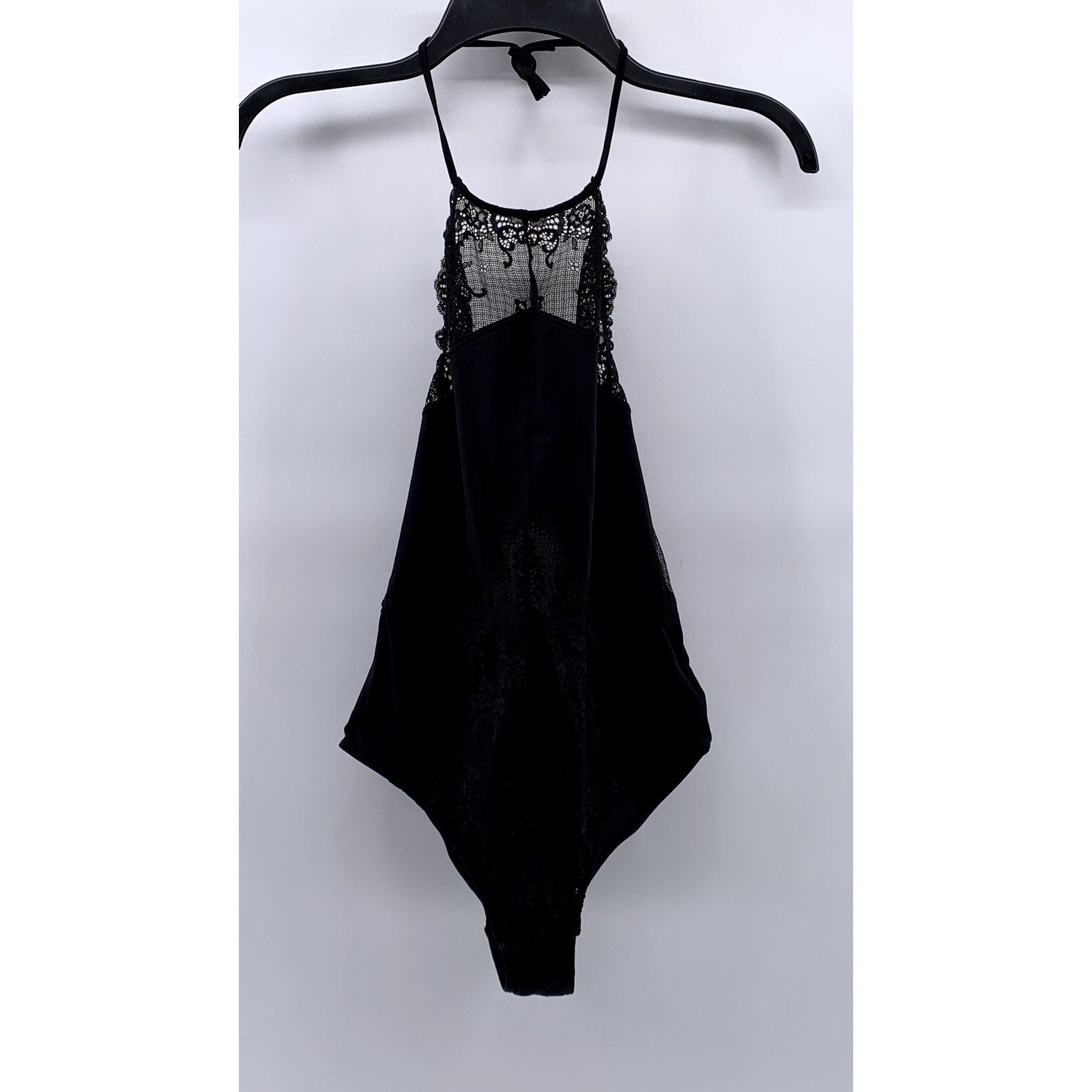 H&M Women's Black Lace-Trim Halter Open-Back Bodysuit SZ 6