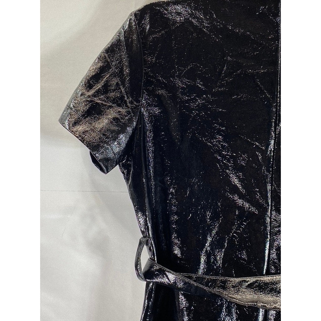 EIGHT PARIS Women's Black Faux-Leather Short-Sleeve Mini Belted Dress SZ M