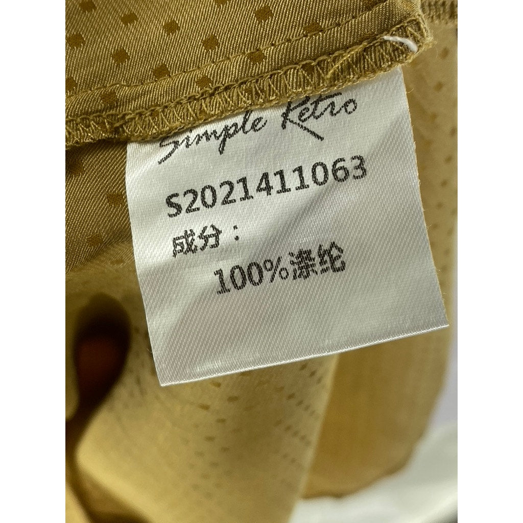 SIMPLE RETRO Women's Gold Micro Dot Print V-Neck Side Slit Midi Dress SZ S