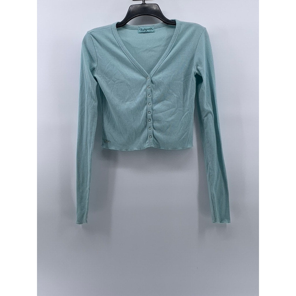 PALE JADE Women's Light Blue Ribbed V-Neck Long Sleeve Button-Up Top SZ S