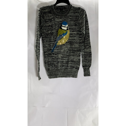 FRENCH CONNECTION Women's Gray-Black Sequin Embellished Bird Sweater SZ S