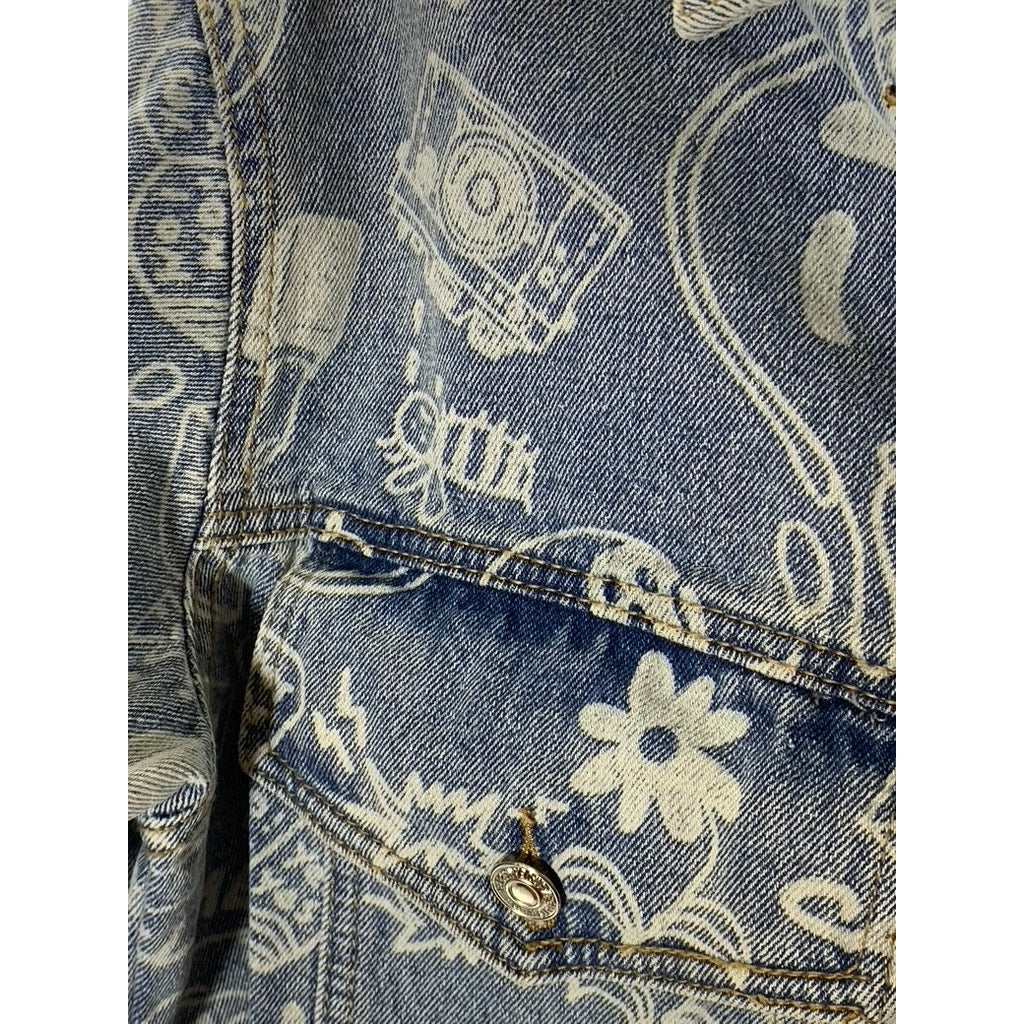 EDIKTED Women's Blue Malia Print Denim Long Sleeve Button-Up Cropped Jacket SZXS