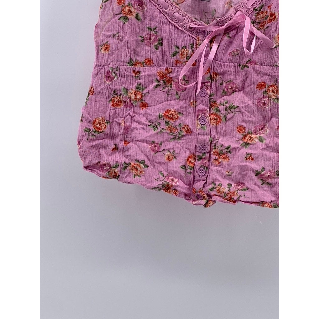 JUST POLLY Juniors' Pink Floral Printed Ribbon Trim Top SZ M