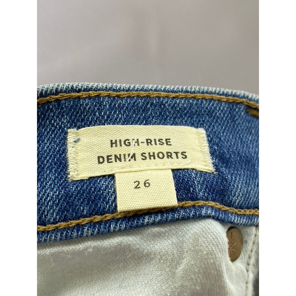MADEWELL Women's Dark Blue Distressed Button-Fly High-Rise Denim Shorts SZ 26