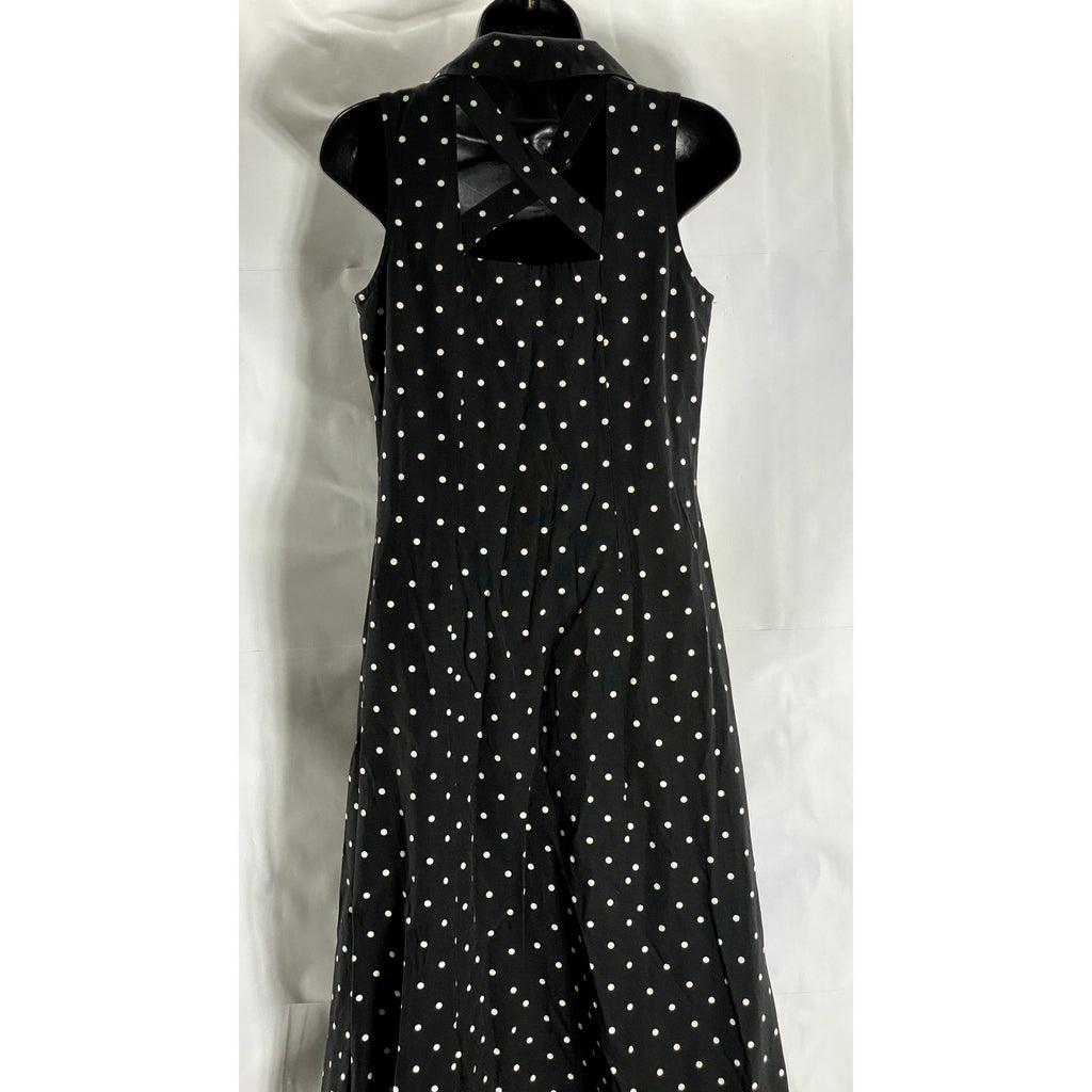 DRESSBARN Women's Vintage Black/White Polka Dot V-Neck Collared Midi Dress SZ 4