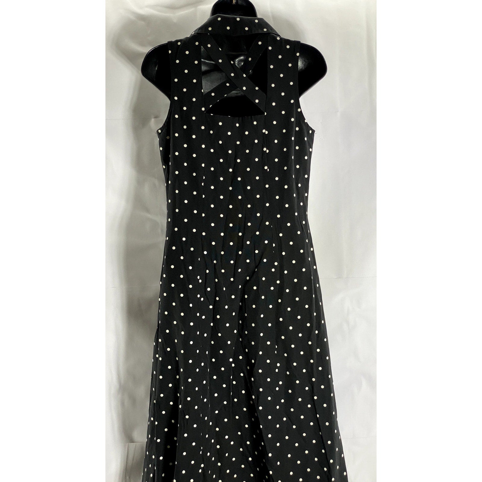 DRESSBARN Women's Vintage Black/White Polka Dot V-Neck Collared Midi Dress SZ 4