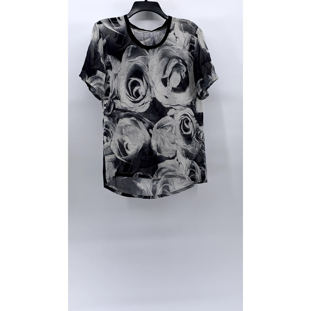 UNBRANDED Men’s Black-Gray Floral Crewneck Short Sleeve Sheer T-Shirt SZ M