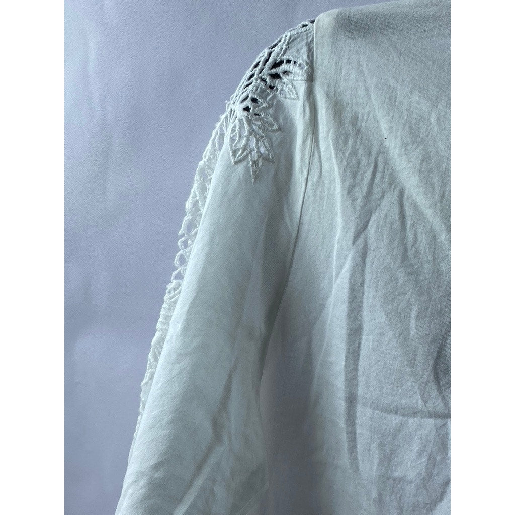 NEW LOOK Women's Petite White Crewneck Floral Cutwork Long Sleeve Ruffle Top SZ6