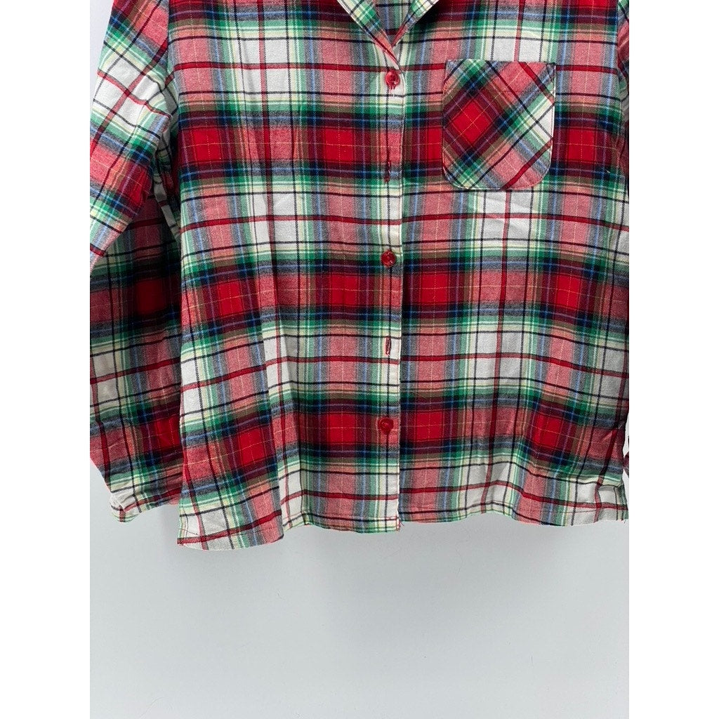 HOLIDAY LANE Women's Green-Red-White Plaid Flannel Button-Up Pajama Top SZ S