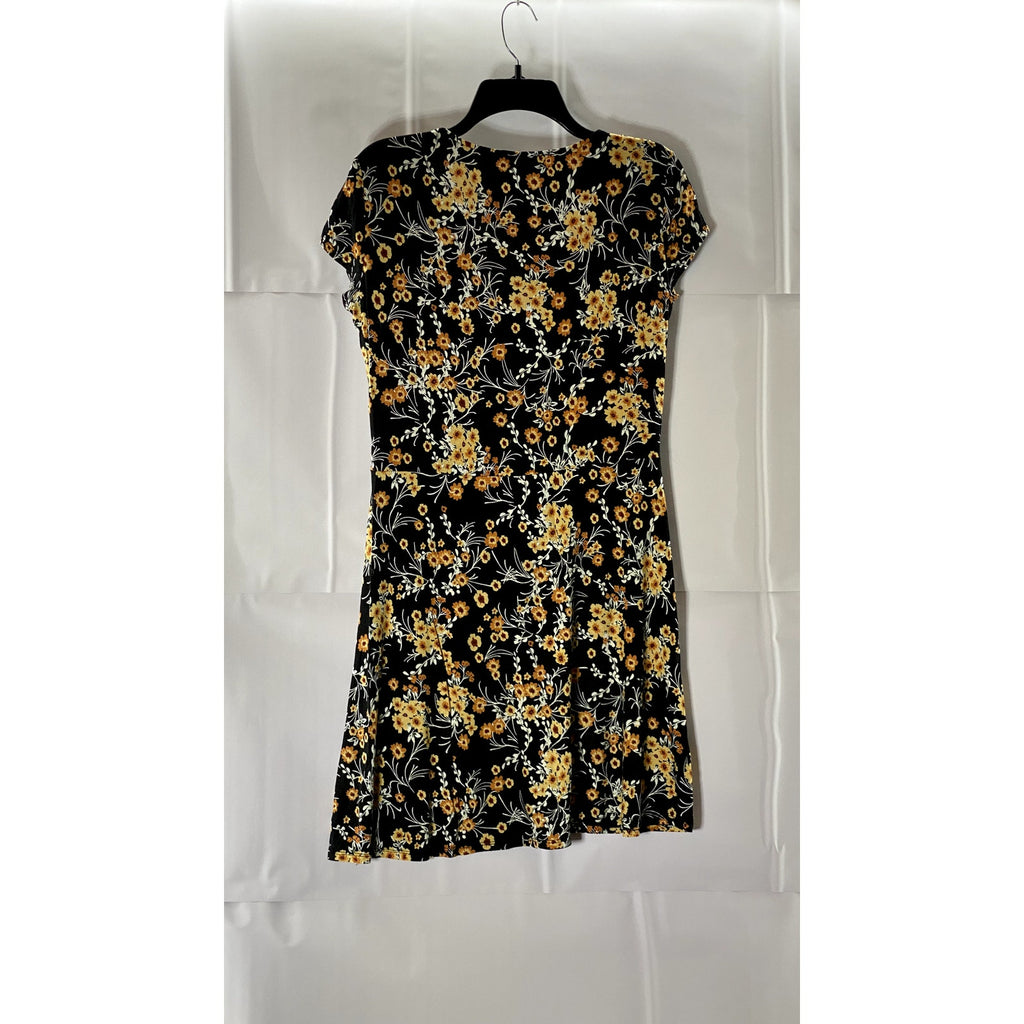 MNG BASICS Women's Black Floral V-Neck Short Sleeve Pullover Mini Dress SZ 8