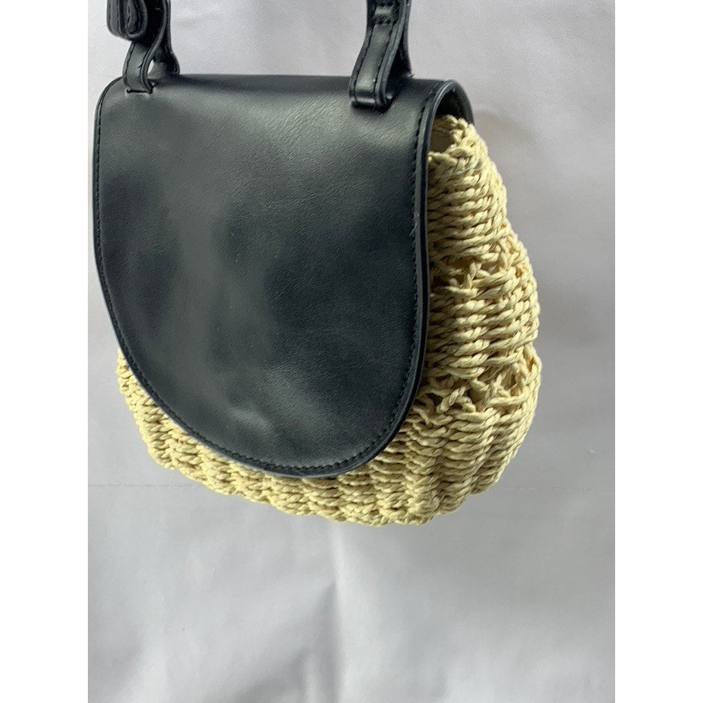 A NEW DAY Women's Black-Tan Straw Flap Snap Button Shoulder Cross-Body Bag