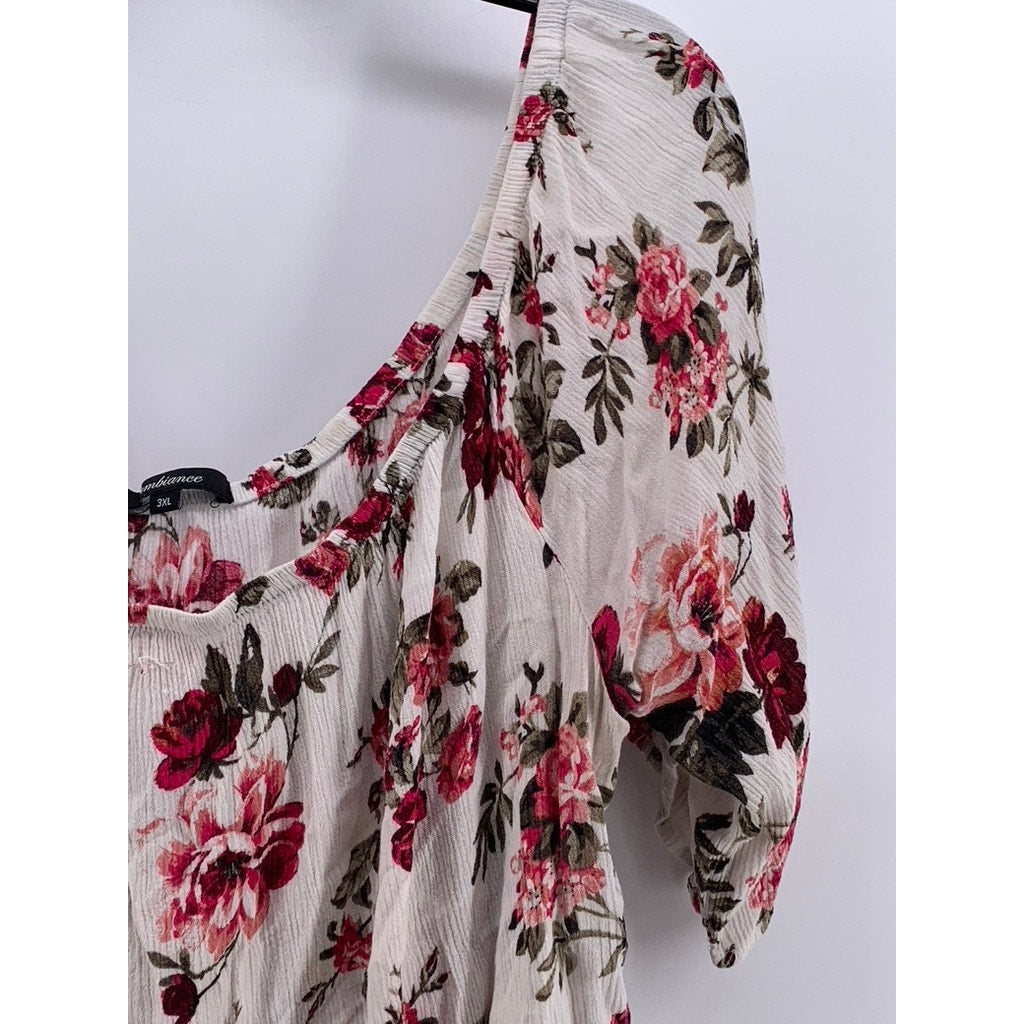 AMBIANCE Women's White-Red Floral Short Sleeve Top SZ 3XL