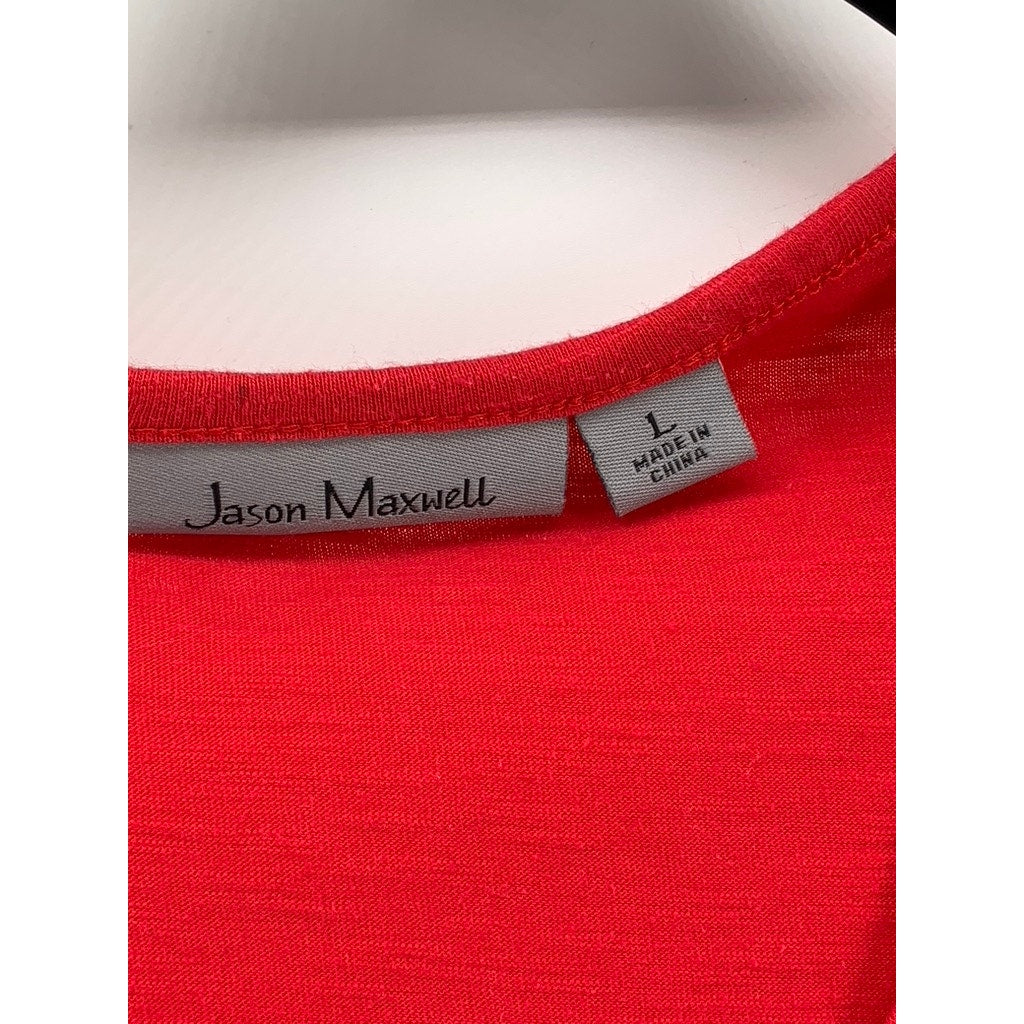 JASON MAXWELL Women's Red Pleated V-Neck Short Sleeve Top SZ L