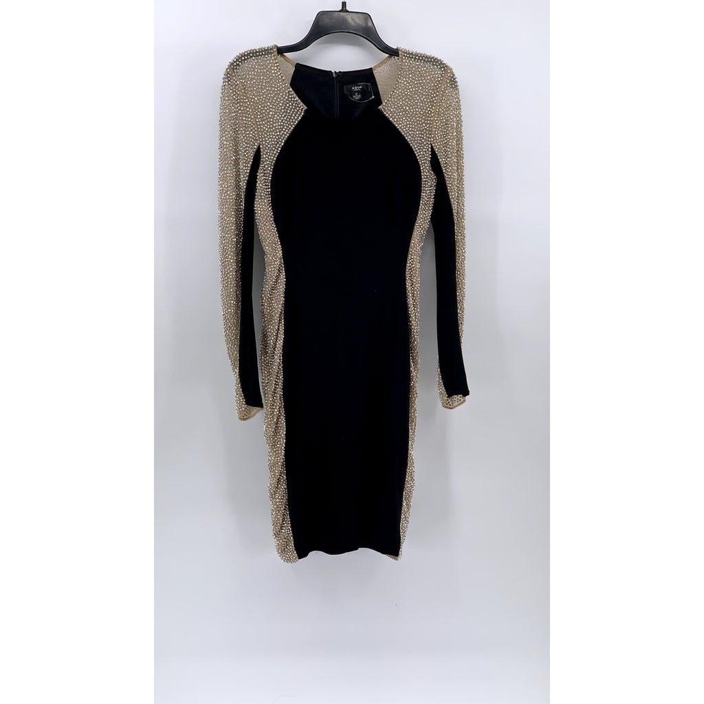 AQUA Women's Beige-Black Beaded Scoop-Neck Long Sleeve Illusion Shift Dress SZ 2