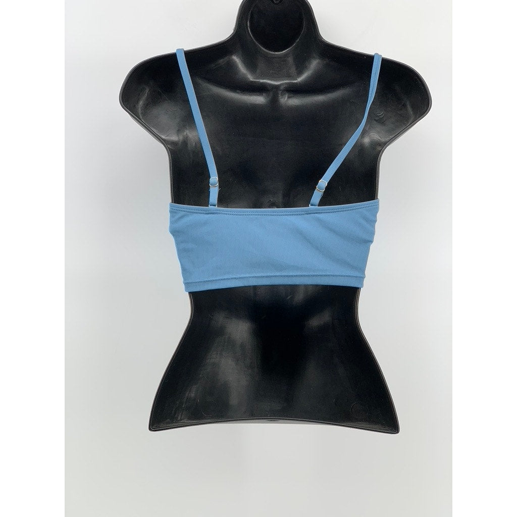 SHADE & SHORE Women's Blue Ribbed Scoop-Neck Cropped Swim Top SZ S