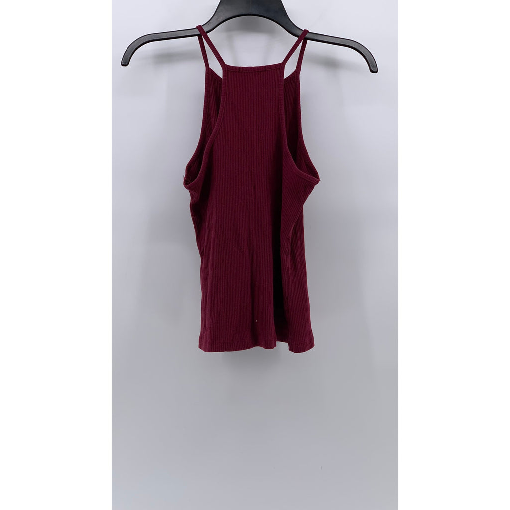 AMBIANCE Women's Burgundy Ribbed High-Neck Halter Sleeveless Top SZ M