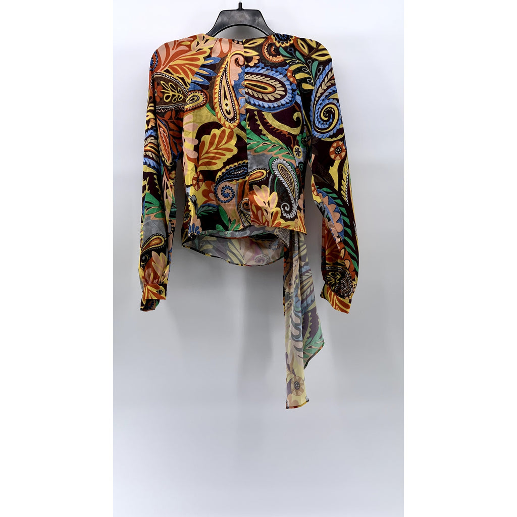 ZARA Women's Black-Multi Printed V-Neck Wrap Long Sleeve Top SZ M