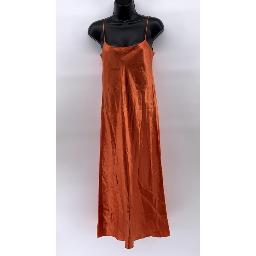 VINCE. Women's Orange Satin Straight-Neck Bias Spaghetti-Strap Slip Dress SZ 2XS