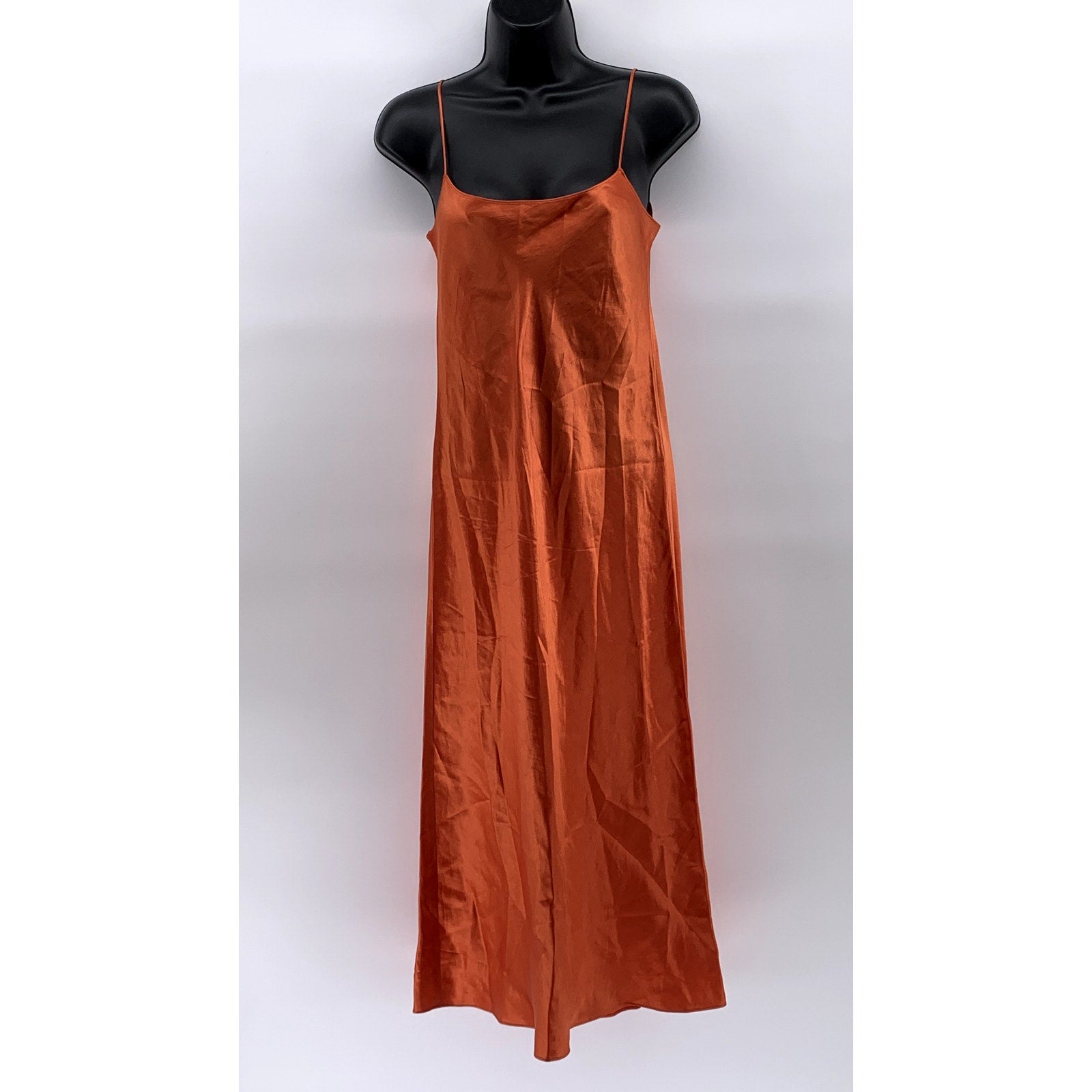 VINCE. Women's Orange Satin Straight-Neck Bias Spaghetti-Strap Slip Dress SZ 2XS