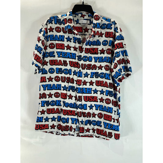 URBAN OUTFITTERS Men's White/Red/Blue "F YEAH" Graphic Button-Up Shirt SZ L