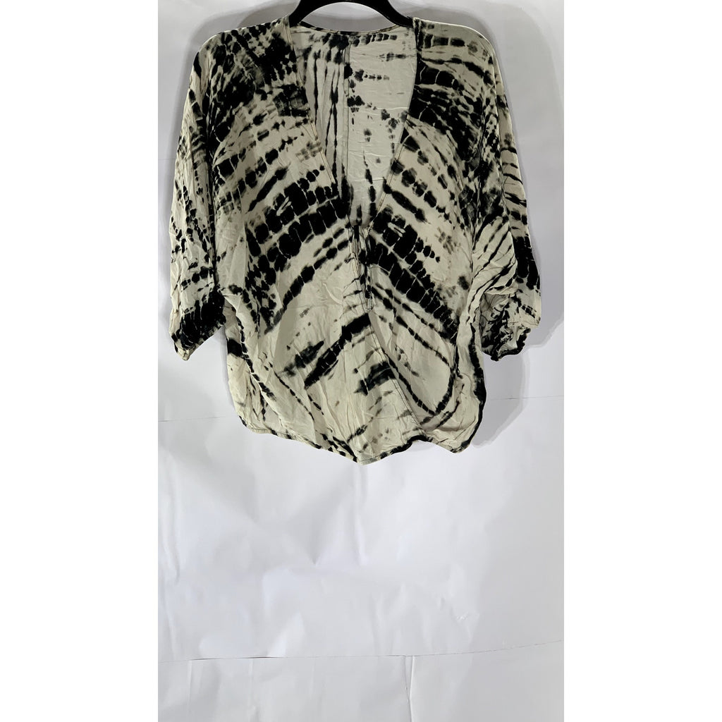 FORVER 21 Women's Beige-Black Surplice Tie-Dye Short Sleeve Relaxed-Fit Top SZ S