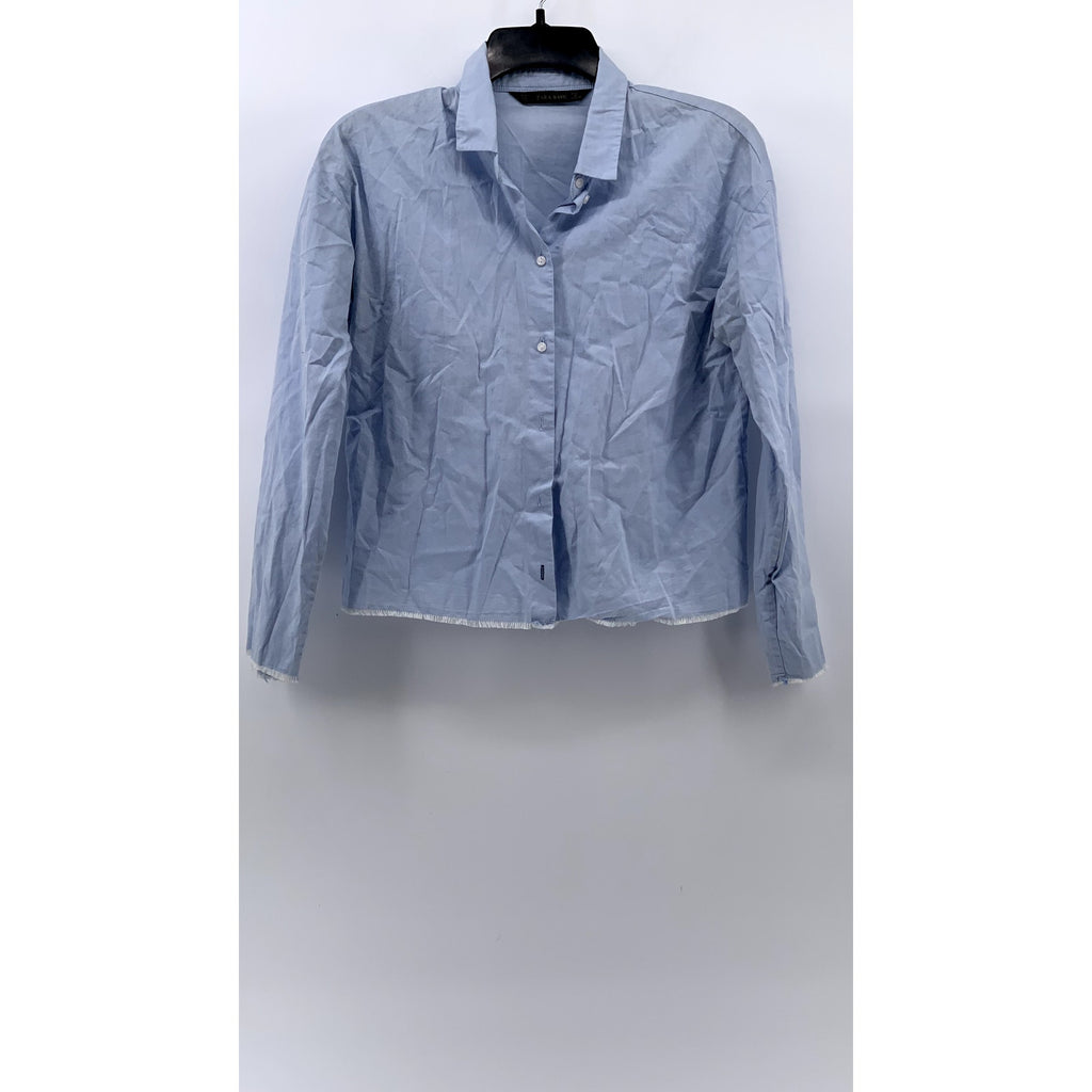 ZARA BASIC Women's Light Blue Cut-Off Button-Up Long Sleeve Top SZ S