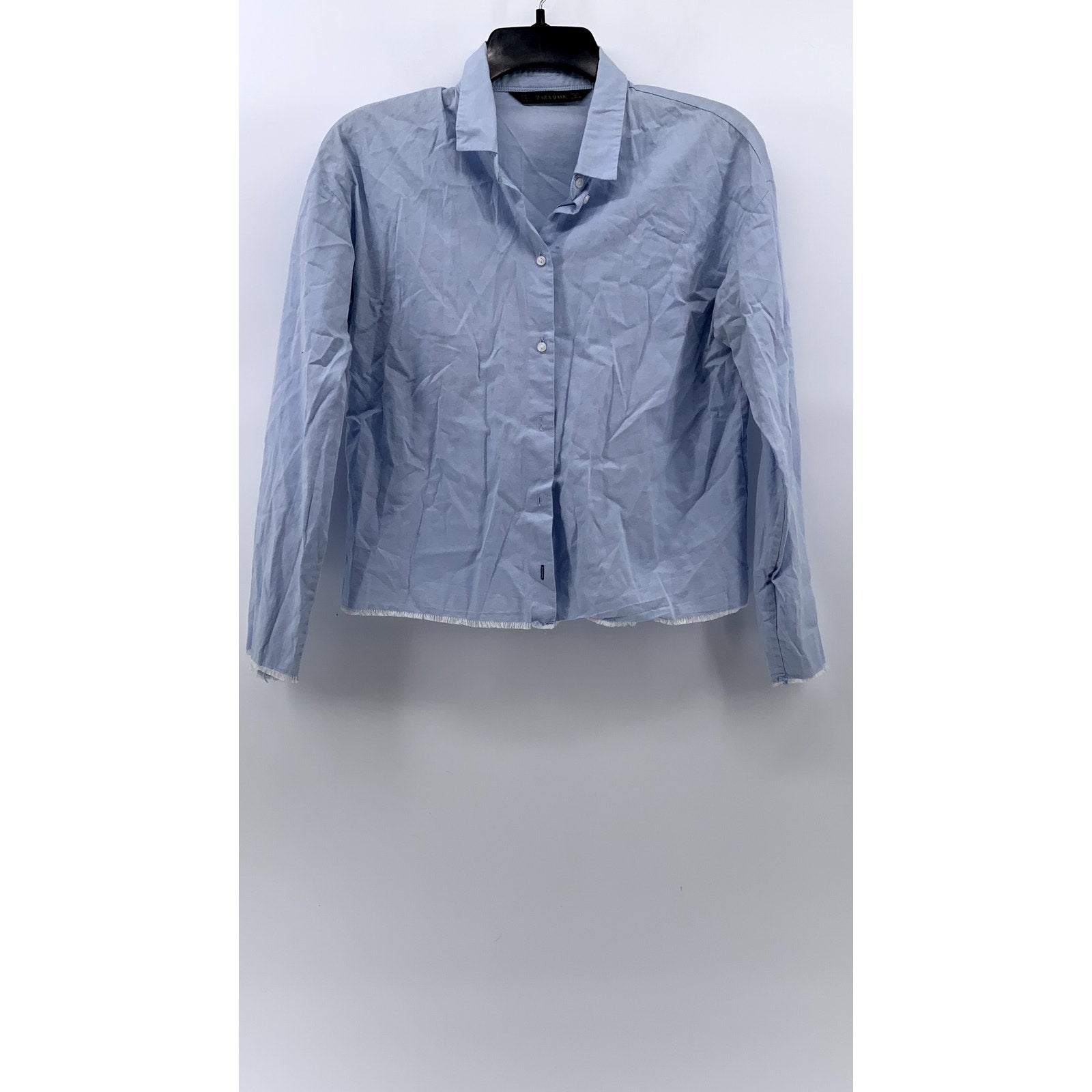 ZARA BASIC Women's Light Blue Cut-Off Button-Up Long Sleeve Top SZ S
