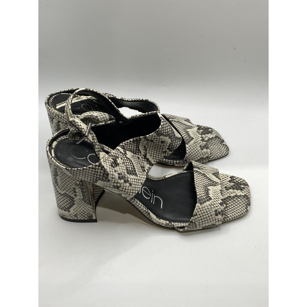 CALVIN KLEIN Women's Black-White Qeelin Snake Square-Toe Heeled Sandals SZ 6.5
