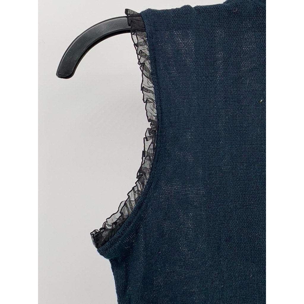 UNBRANDED Women's Navy Blue Sheer Ruffle Trim Lace Mock-Neck Top SZ S