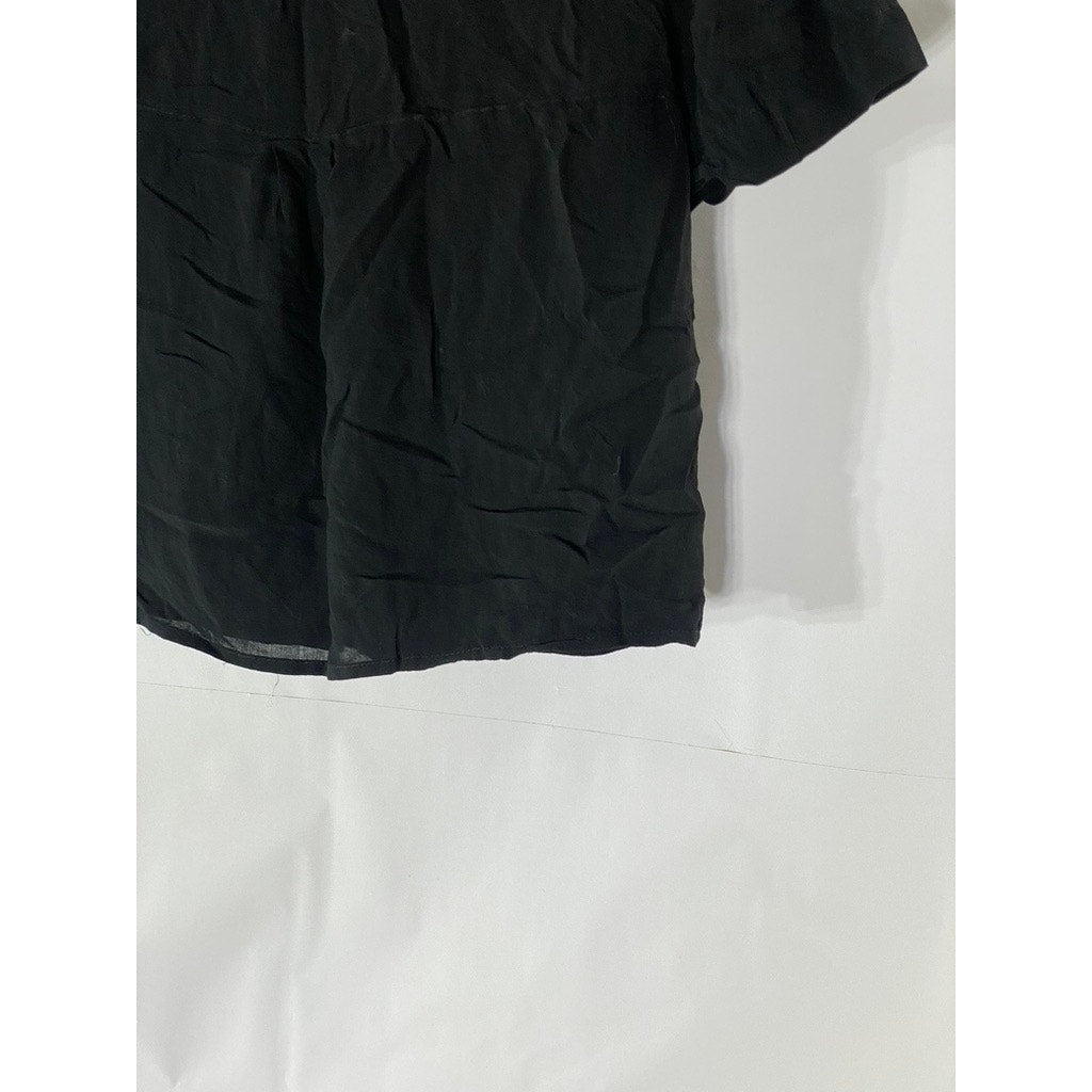 PULL & BEAR Women's Black Relaxed-Fit Button-Up Short Sleeve Cropped Top SZ L