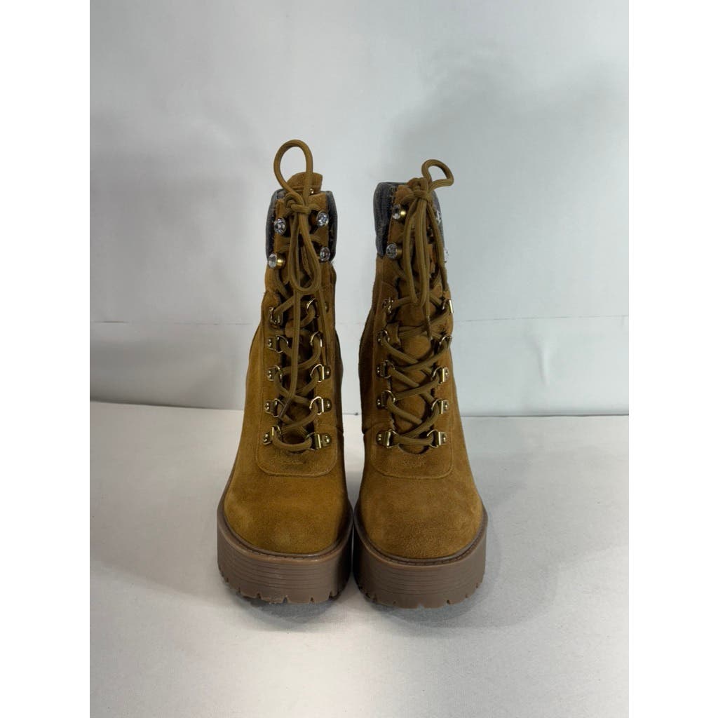 GUESS Women's Medium Brown Kelyna Lace-Up Lug-Sole Platform Booties SZ 9