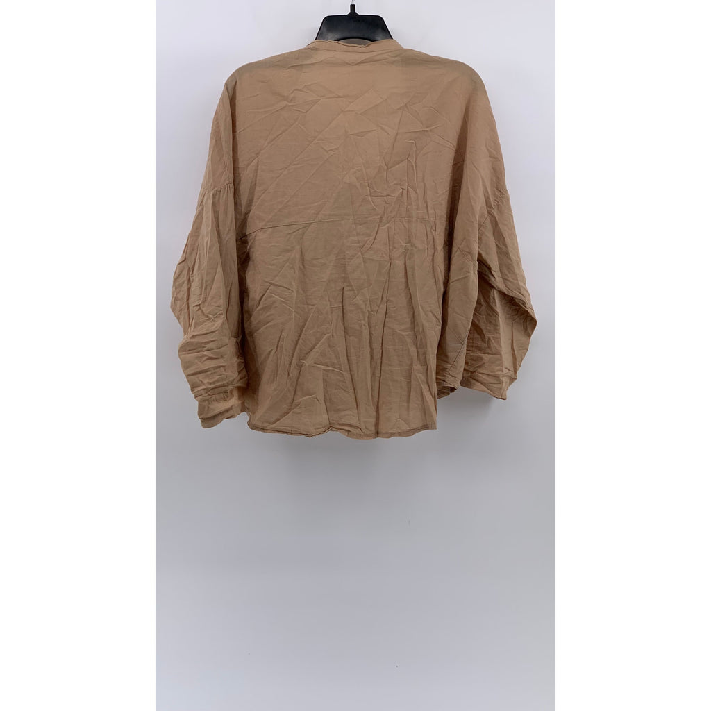 UNBRANDED Women's Tan Button-Up Long Sleeve Collarless Top SZ L