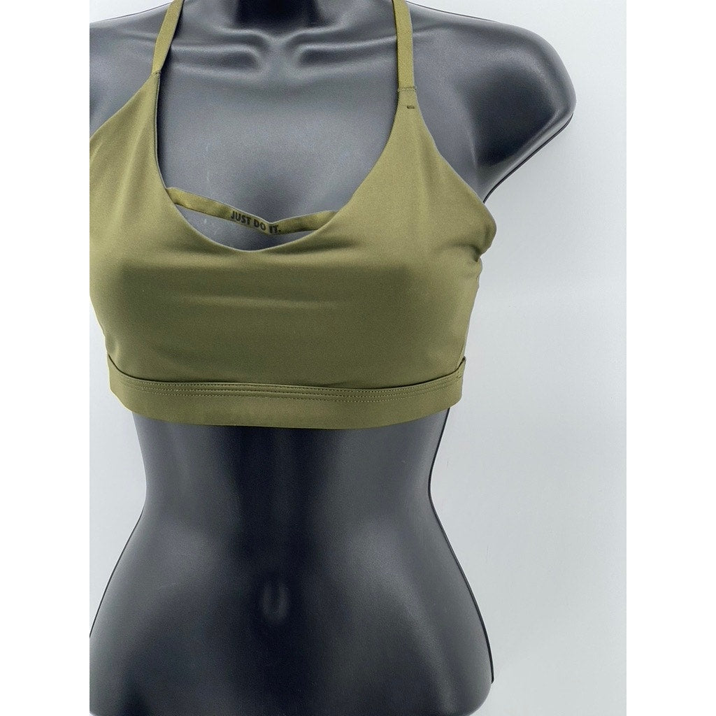 NIKE Women's Olive Green Dri-Fit Strappy Cross-Back V-Neck Strap Sports Bra SZ M