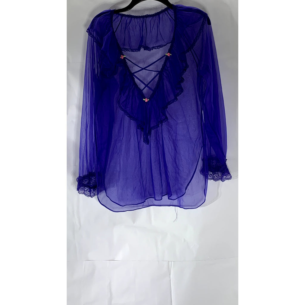 UNBRANDED Women’s Royal Blue Sheer V-Neck Lace-Up Ruffle Long Sleeve Top SZ M