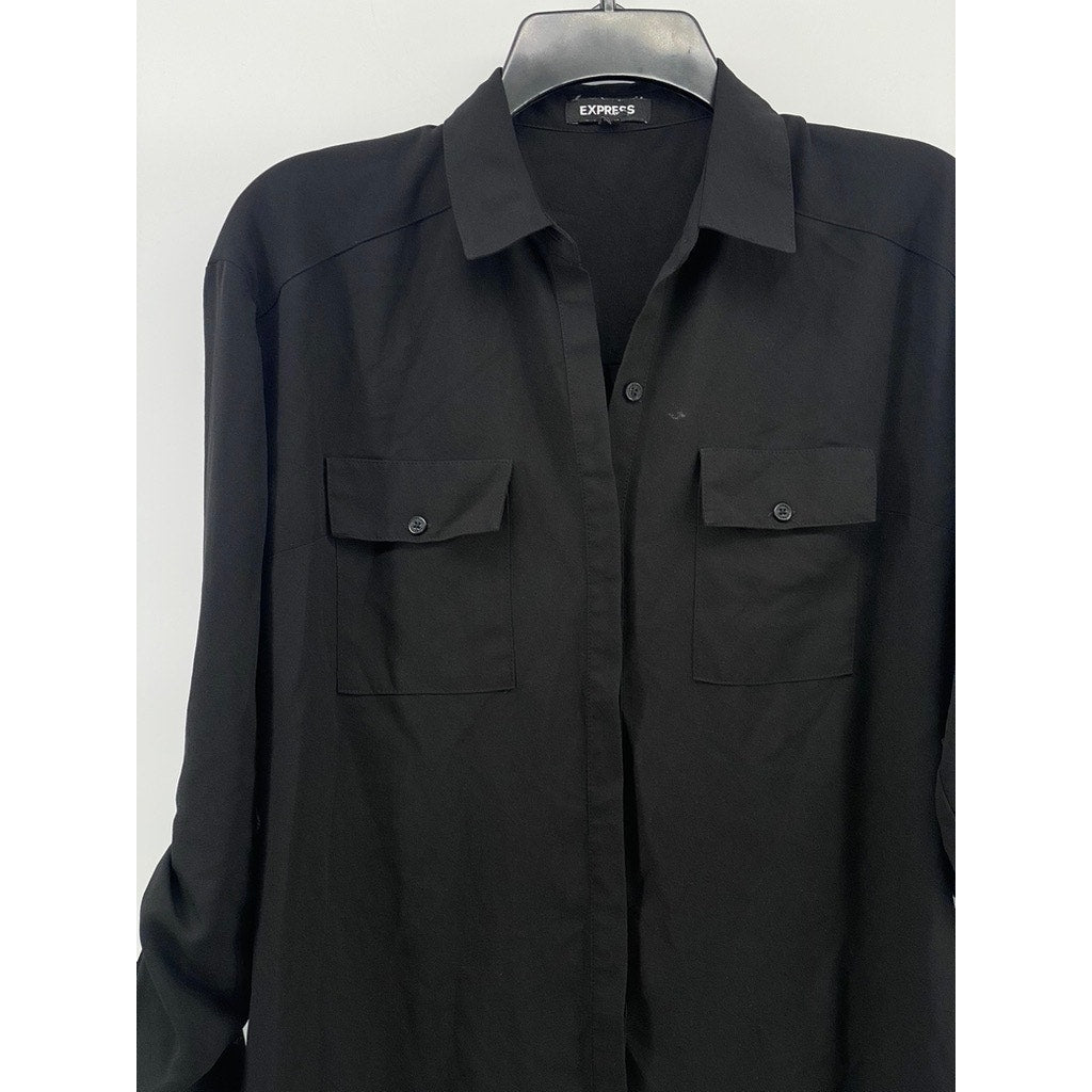 EXPRESS Women's Black Button-Up Long Roll Sleeve Mini Dress SZ XS